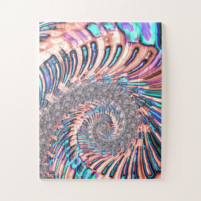Quebra-cabeça Boho Rosa Pastel e Azul Espiral Abstrato Fractal (Vertical)