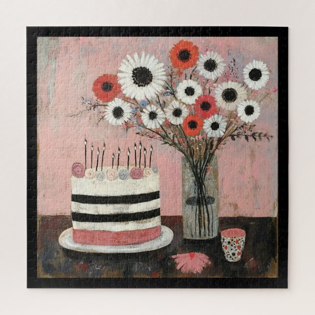 Quebra-cabeça Bolo de Aniversário Chic e Flores de Gerbera (Vertical)