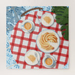 Quebra-cabeça Bolo e Café por Dois<br><div class="desc">Encantador, aconchegante, brinque de domingo com amigos. A mesa do café é uma camada plana com bolo e café cappuccino para dois em uma mesa com um pano vermelho e branco de mesa. Plantas de Monstera e azulejos espanhóis tradicionais no chão. Adoraria ver esta design na natureza; coloque-me no Instagram...</div>