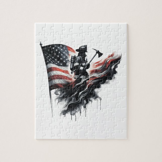 Quebra-cabeça Bombeiro americano. Bandeira dos Estados Unidos. (Vertical)