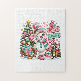 Quebra-cabeça Boneco de Neve de Natal Rosa Fofo
