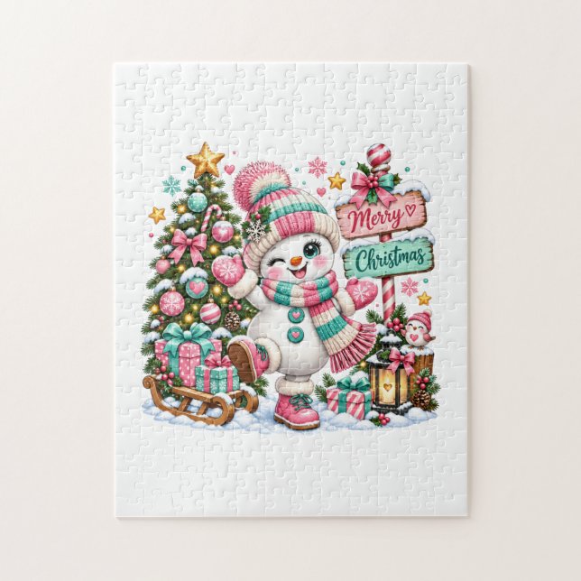 Quebra-cabeça Boneco de Neve de Natal Rosa Fofo (Vertical)
