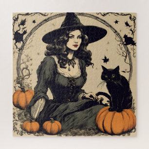 Quebra-cabeça Bonita Bruxa de Halloween Vintage com Gato Negro