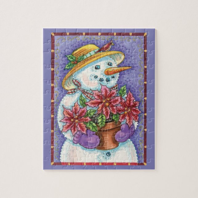 Quebra-cabeça Bonita Garota de Natal Snowman com Poinsettia (Vertical)