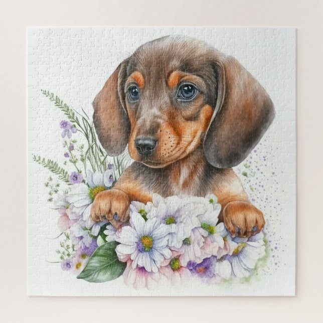 Quebra-cabeça Bonito Aquarela Dachshund Puppy Floral (Vertical)