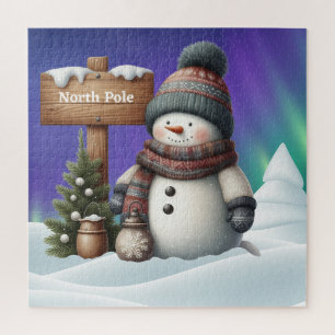 Quebra-cabeça Bonito boneco de neve no Polo Norte com luzes de n