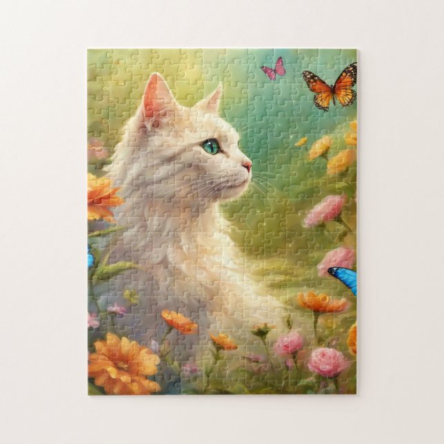 Quebra-cabeça Bonito gato branco em um jardim 713 (Vertical)