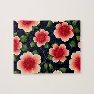 Quebra-cabeça Bonito padrão floral, cor-de-rosa e flores vermelh