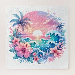 Quebra-cabeça Bonito rosa e arte costeira azul