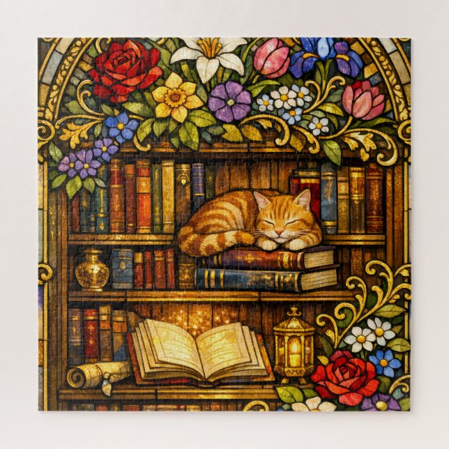 Quebra-cabeça Book and Sleeping Cat Lovers Faux Stain Glass (Vertical)