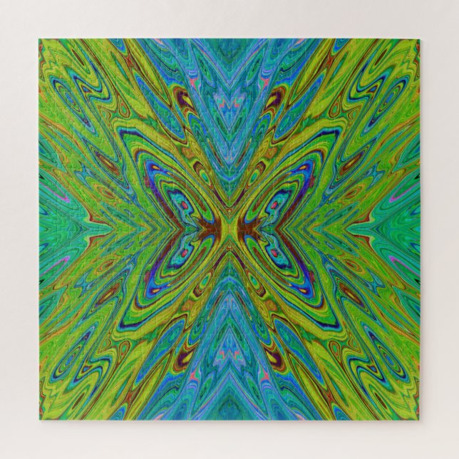 Quebra-cabeça Borboleta Abstrata Chartreuse e Azul Trippy (Vertical)