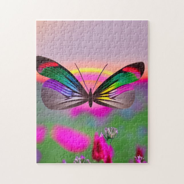 Quebra-cabeça Borboleta Arco-Íris Voando através de um Campo de  (Vertical)