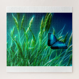 Quebra-cabeça Borboleta Azul Morpho na Grama Verde