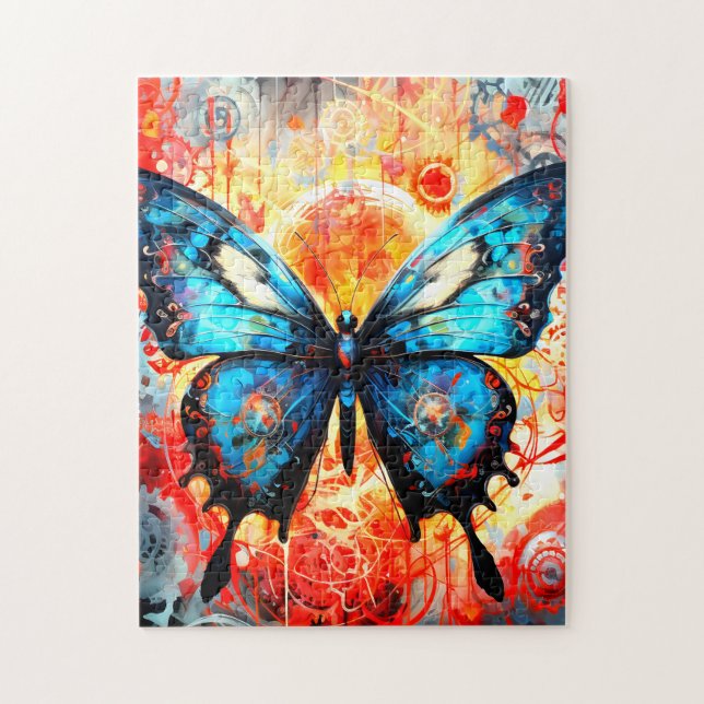Quebra-cabeça Borboleta Azul Pintada com Fundo de Engrenagens. (Vertical)