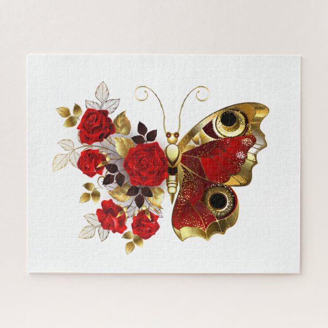 Quebra-cabeça Borboleta de flor vermelha com rosas vermelhas (Horizontal)