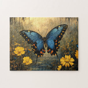 Quebra-cabeça Borboleta Vintage e Flores Amarelas Pintura