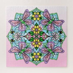 Quebra-cabeça Borboletas rosa Flores e Abelhas Mandala