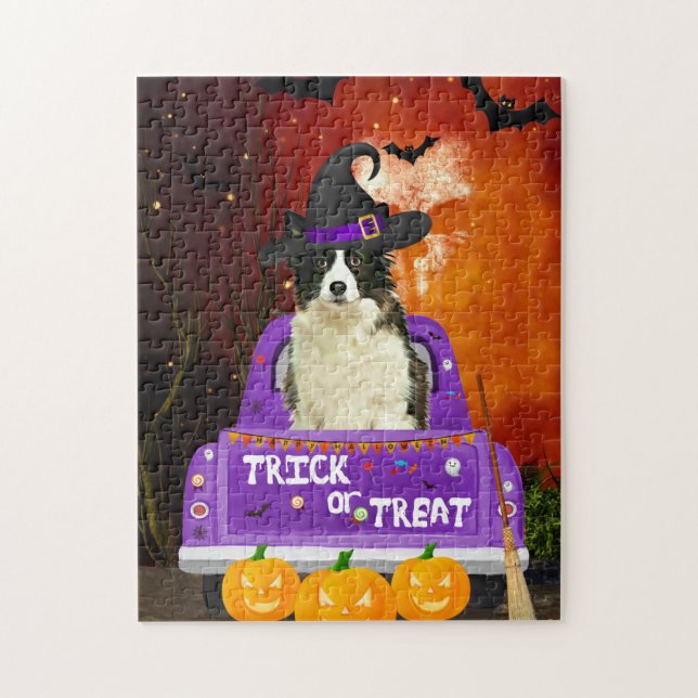 Quebra-cabeça Borda Cachorro Collie no Halloween Truck (Vertical)