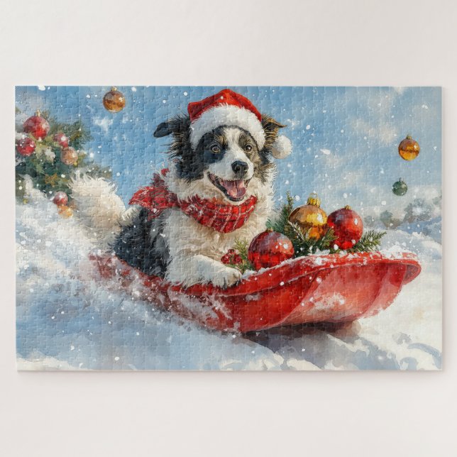 Quebra-cabeça Borda Cachorro Collie Sledge Deixe nevar Natal (Horizontal)