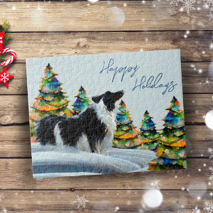 Quebra-cabeça Borda Collie na Árvore de Natal da Floresta de Inv
