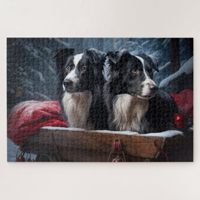 Quebra-cabeça Borda Collie Snowy Sleigh Decência de Natal (Horizontal)