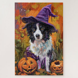 Quebra-cabeça Borda Spooky Collie Halloween Witch E Pumpkin