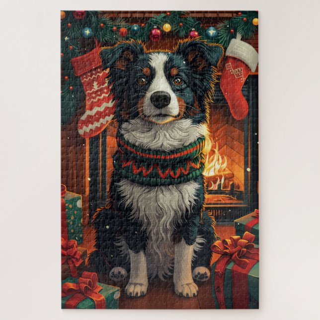 Quebra-cabeça Border Collie  Cachorro com Presentes de Natal Lar (Vertical)