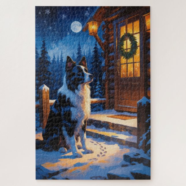 Quebra-cabeça Border Collie Com Luzes de Natal Feriado (Vertical)