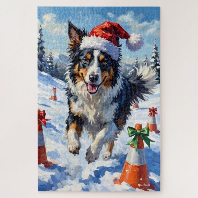 Quebra-cabeça Border Collie Dog Christmas Snow Agility Fun (Vertical)