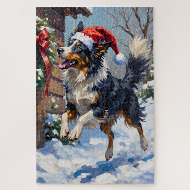 Quebra-cabeça Border Collie Mid-Air Christmas Bow Catch Hat (Vertical)