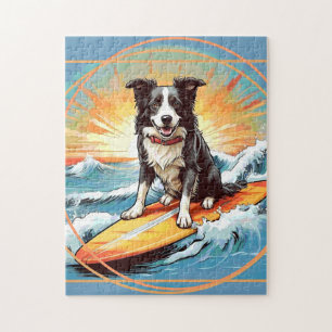 Quebra-cabeça Border Collie Preto e Branco Surfando
