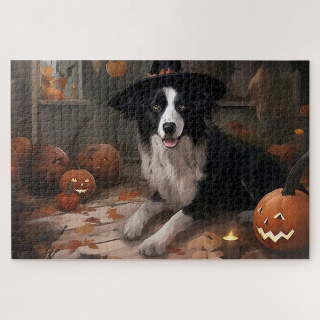 Quebra-cabeça Border Collie Pumpkins Halloween Assustado (Horizontal)