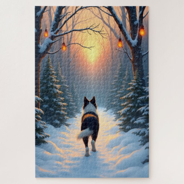 Quebra-cabeça Border Collie Snowy Forest Walk Holiday Painting (Vertical)