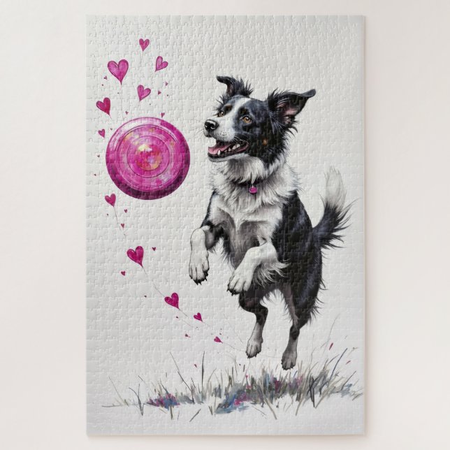 Quebra-cabeça Border Collie Valentine's Day Heart Disc Catch (Vertical)