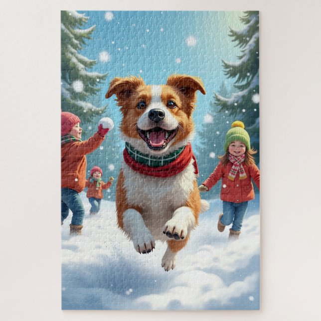 Quebra-cabeça Border Terrier Snowball Fight Christmas Painting (Vertical)