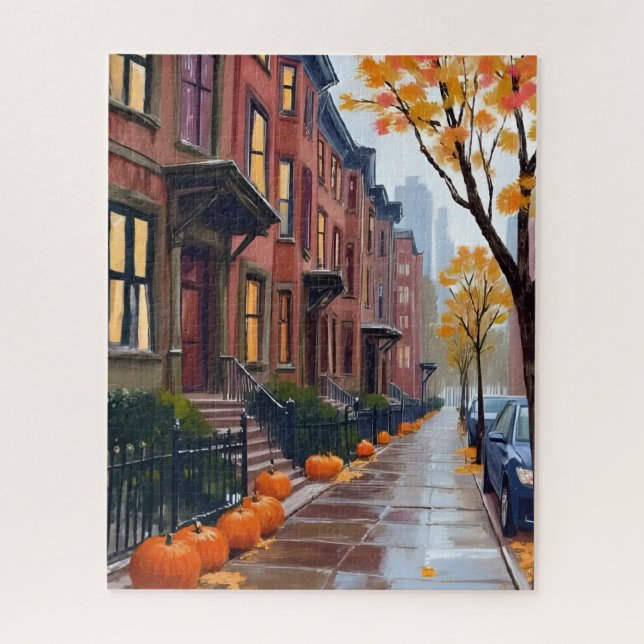 Quebra-cabeça Boston Autumn Brownstones Pumpkin Watercolor (Vertical)