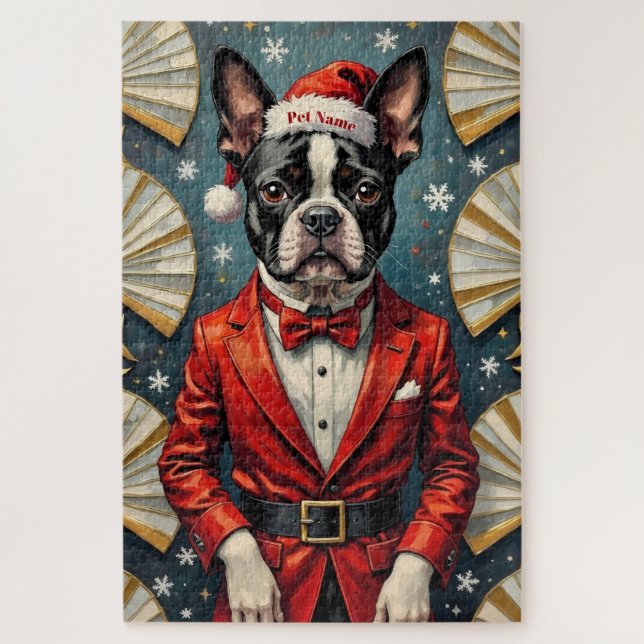 Quebra-cabeça Boston Terrier Art Deco Natal Fraque Chapéu (Vertical)