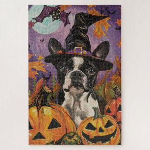 Quebra-cabeça Boston Terrier Assustador de Halloween Bruxa e Abó