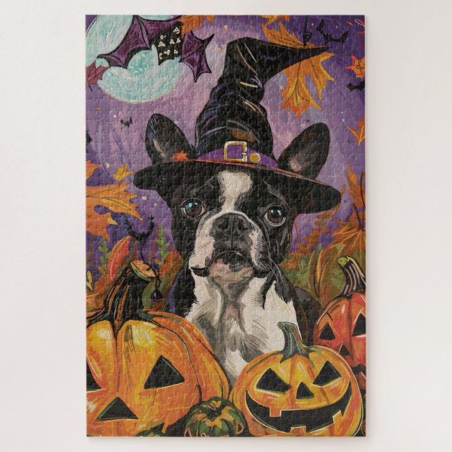 Quebra-cabeça Boston Terrier Assustador de Halloween Bruxa e Abó (Vertical)