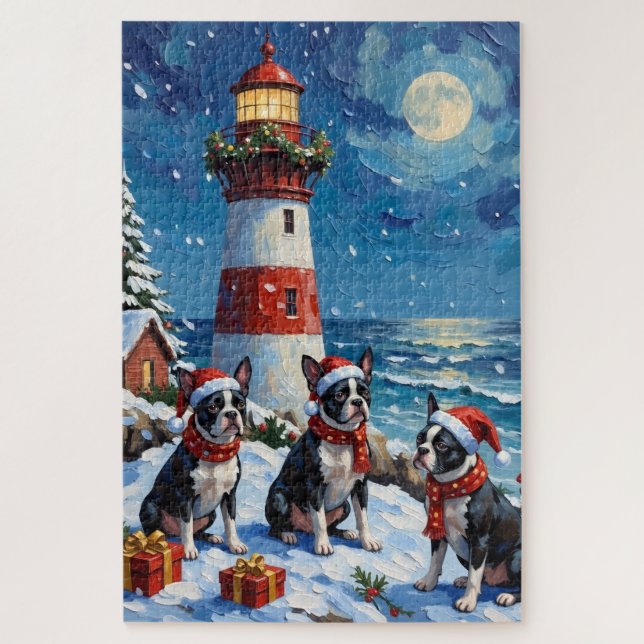 Quebra-cabeça Boston Terrier Christmas Lighthouse Holiday (Vertical)