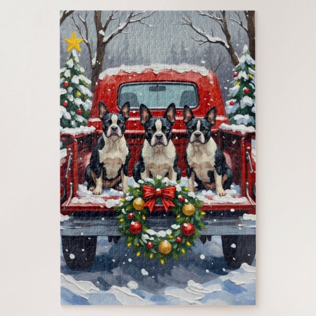 Quebra-cabeça Boston Terrier Christmas Red Truck Holiday (Vertical)