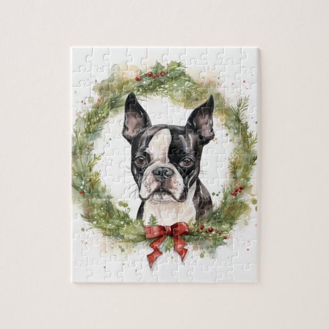 Quebra-cabeça Boston Terrier Christmas Wreath Festivo Pup (Vertical)