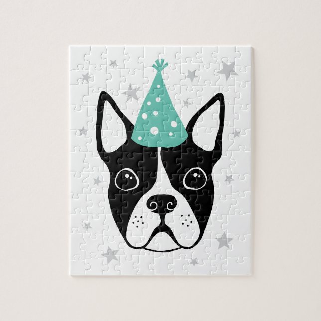 Quebra-cabeça Boston terrier com chapéu de festa e estrelas (Vertical)