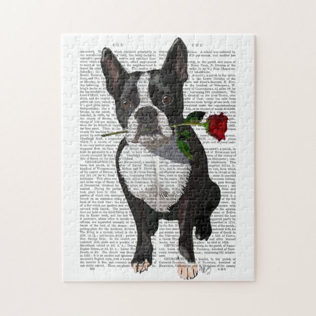 Quebra-cabeça Boston Terrier com Rosa em Boca (Vertical)