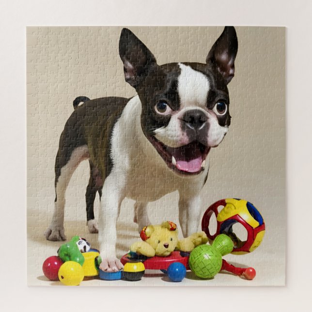 Quebra-cabeça Boston Terrier Dog Brincando com Brinquedos (Vertical)