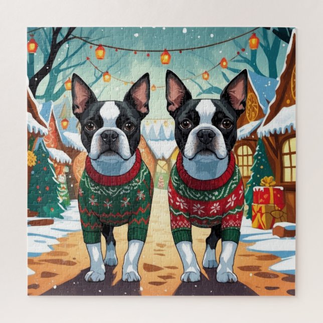 Quebra-cabeça Boston Terrier Dogs Christmas Snow Holiday (Vertical)