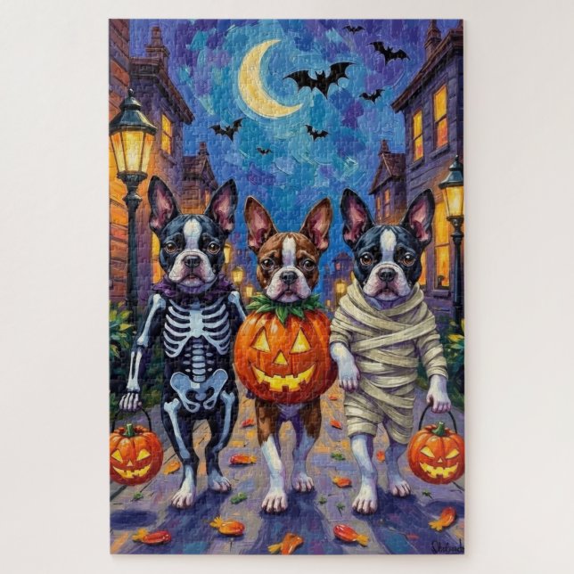 Quebra-cabeça Boston Terrier Dogs Trick-or-Tratating in Hallowee (Vertical)