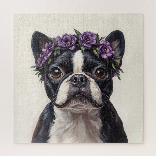 Quebra-cabeça Boston Terrier em uma Coroa de Flor Roxa (Vertical)