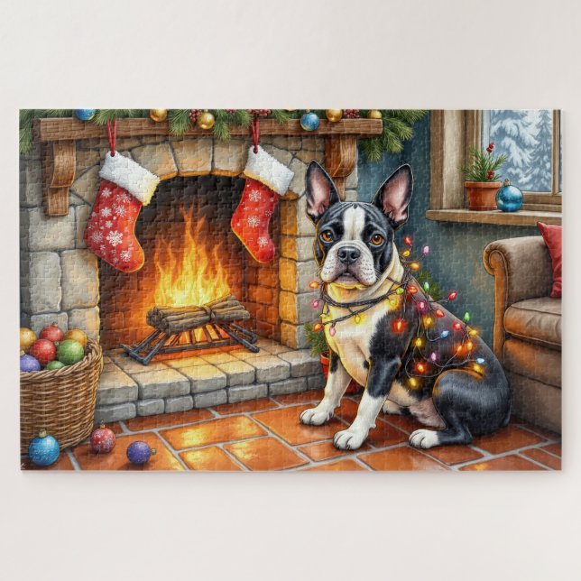 Quebra-cabeça Boston Terrier Lareira com Luzes de Natal (Horizontal)