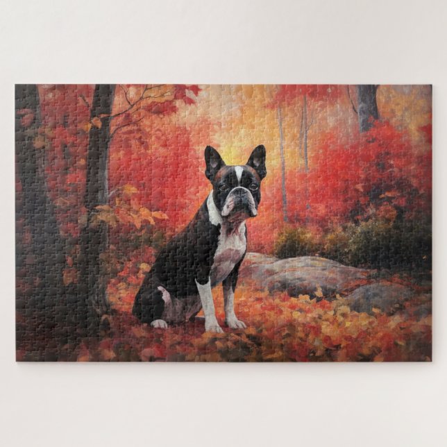 Quebra-cabeça Boston Terrier nas Folhas de Outono Caindo Inspira (Horizontal)